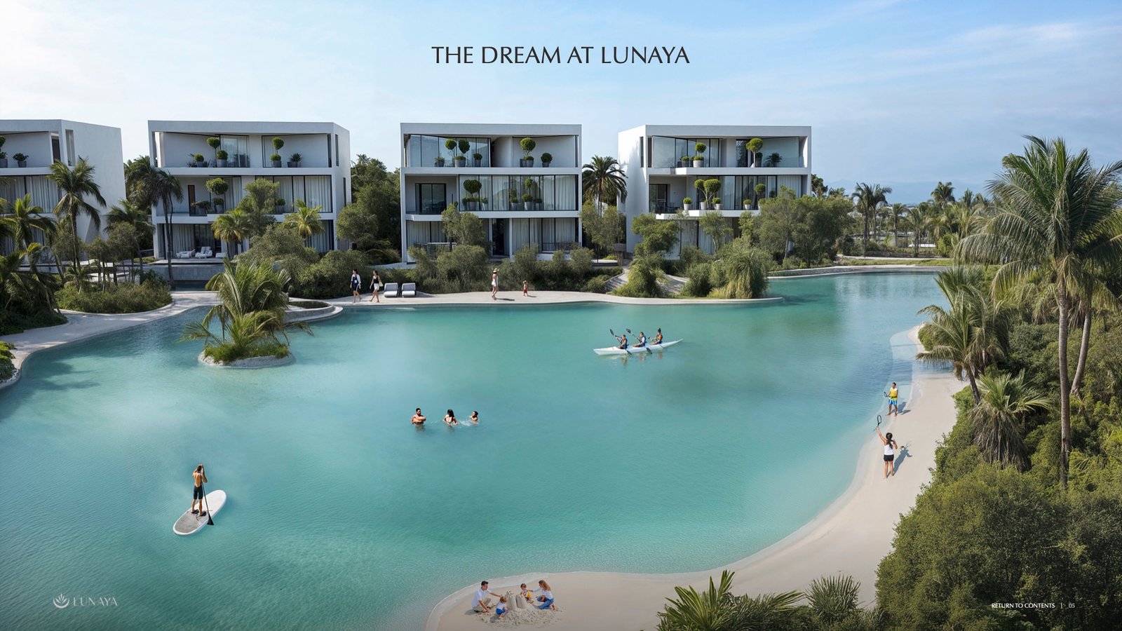 Swimmable lagoon surrounded by luxury villas at Lunaya by Zaya, showcasing nature-led community living in Dubai.