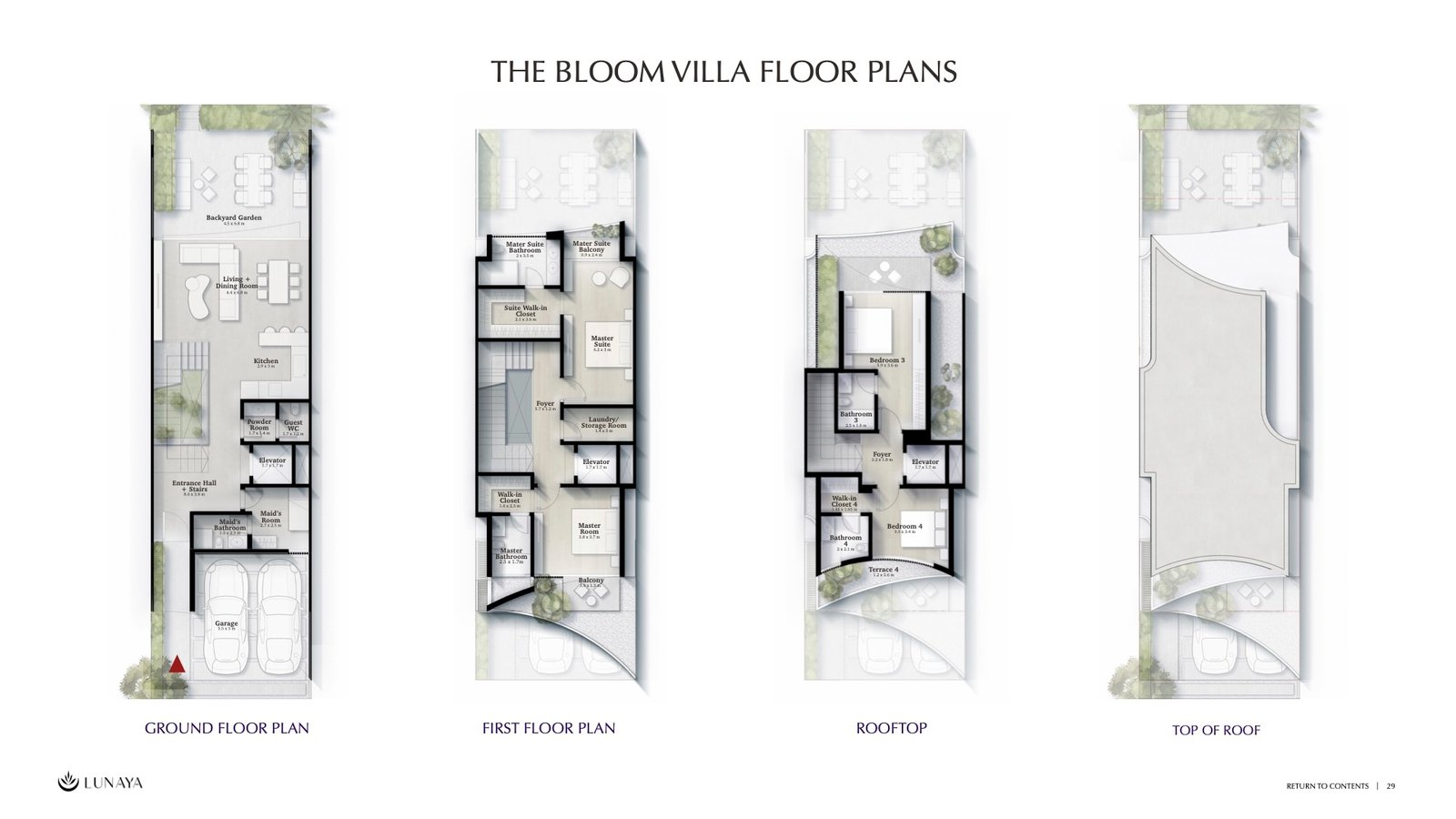 Bloom townhouse floor plan at Lunaya by Zaya showing a 4-bedroom open-plan layout across multiple levels.