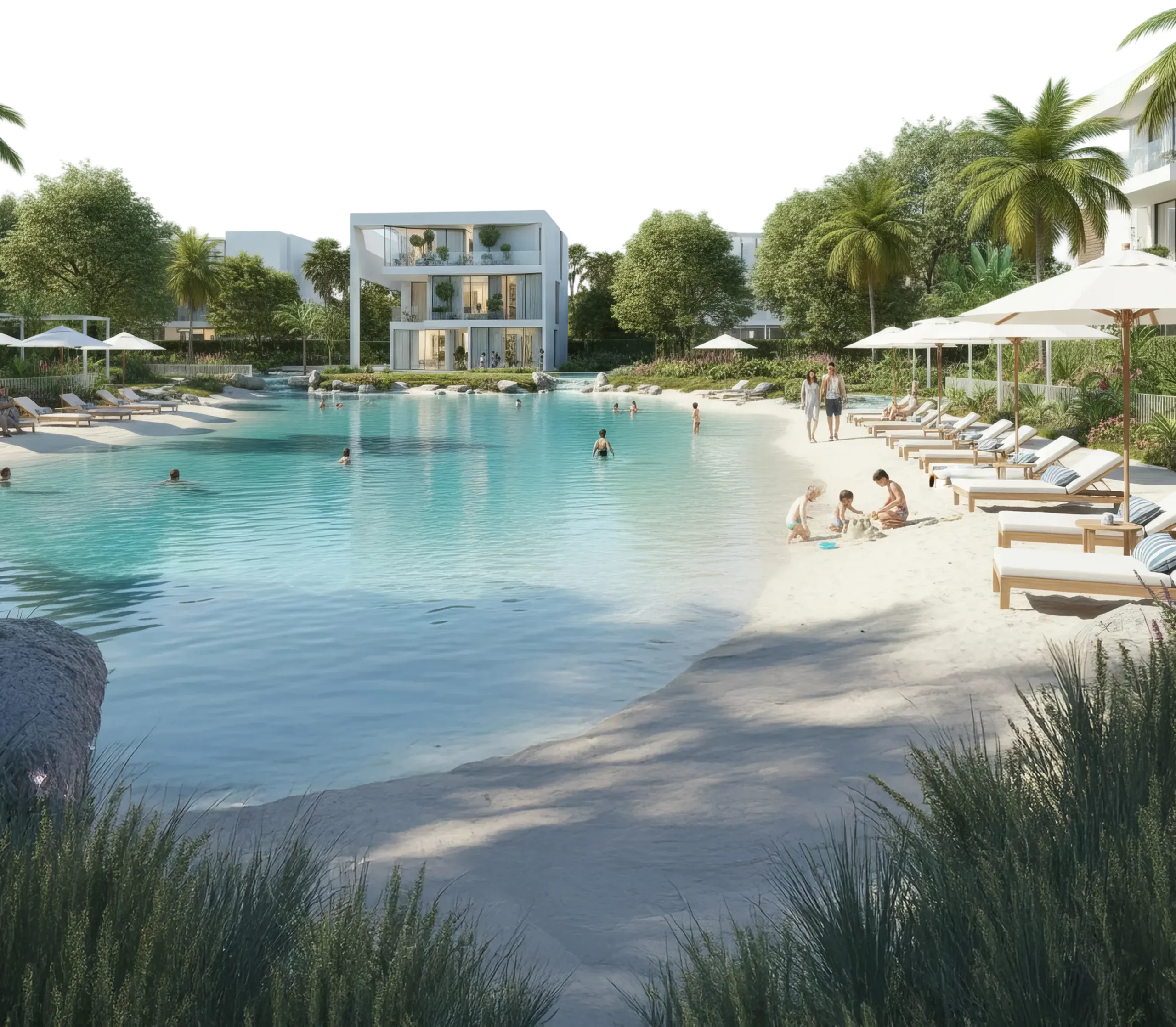 Swimmable lagoon at Lunaya by Zaya with private beach-style edges, palm-lined surroundings, and calm resort living.